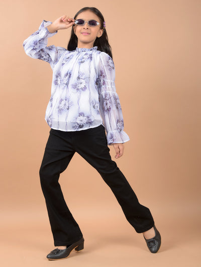 Purple Floral Print Top-Girls Tops-Crimsoune Club