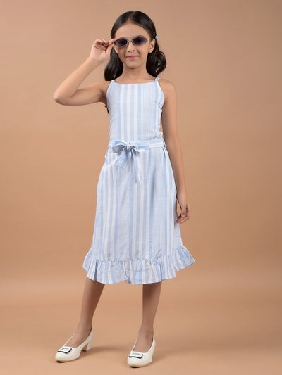 Blue Fit and Flare Dress With Belt-Girls Dresses-Crimsoune Club