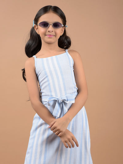 Blue Fit and Flare Dress With Belt-Girls Dresses-Crimsoune Club