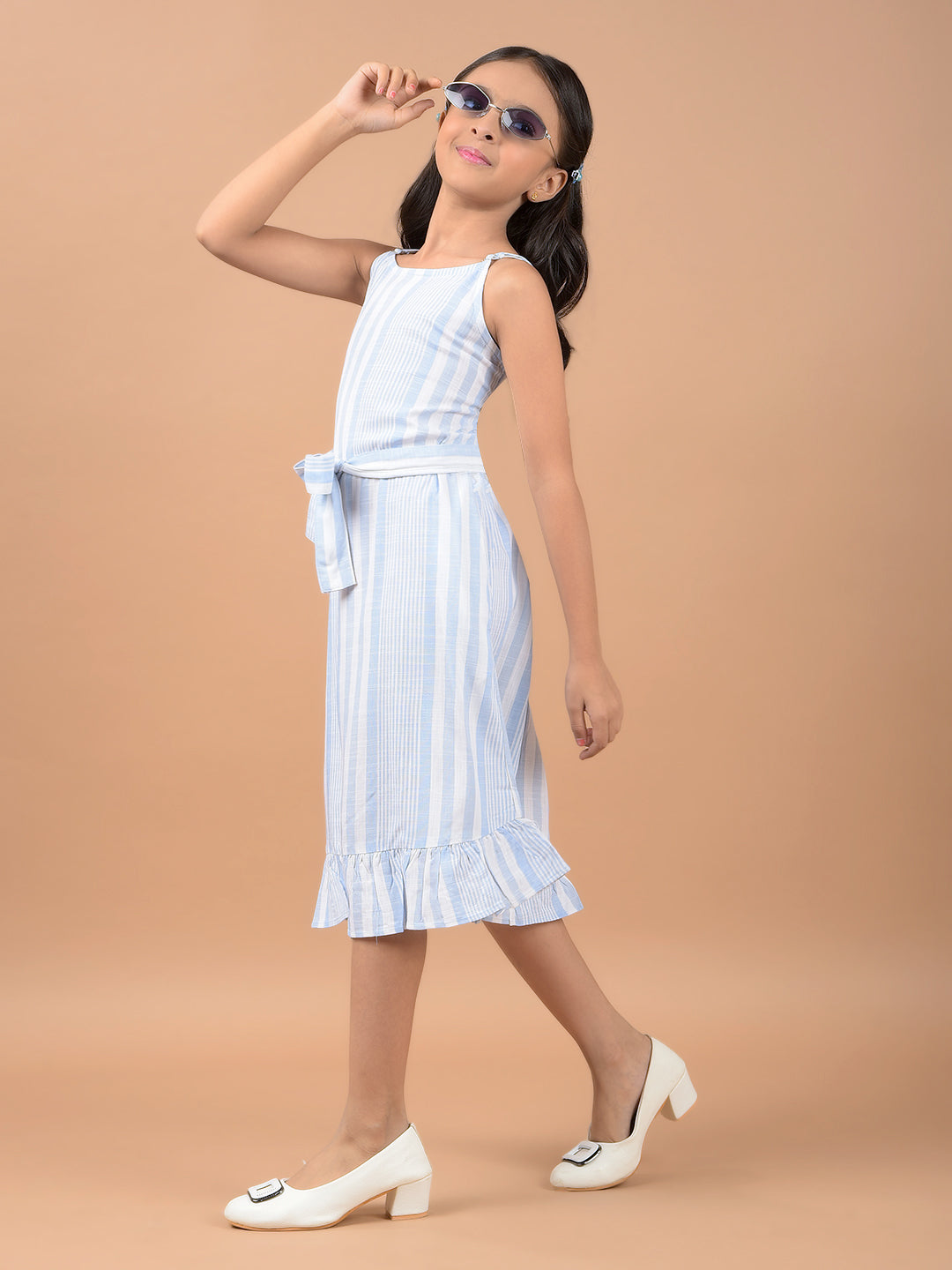 Blue Fit and Flare Dress With Belt-Girls Dresses-Crimsoune Club