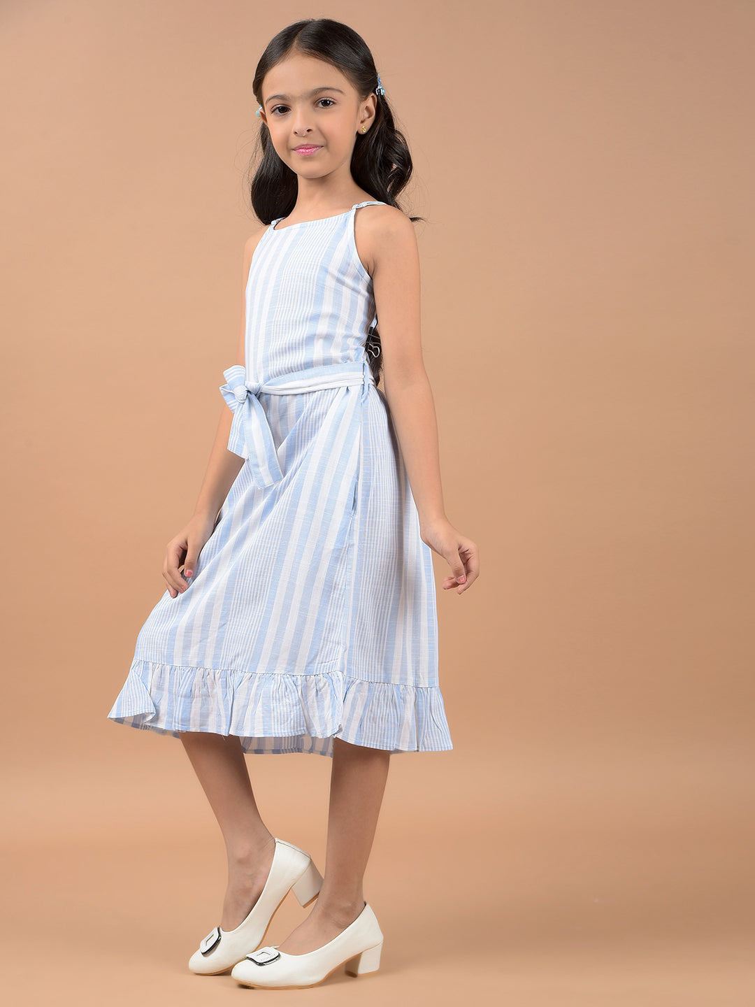 Blue Fit and Flare Dress With Belt-Girls Dresses-Crimsoune Club