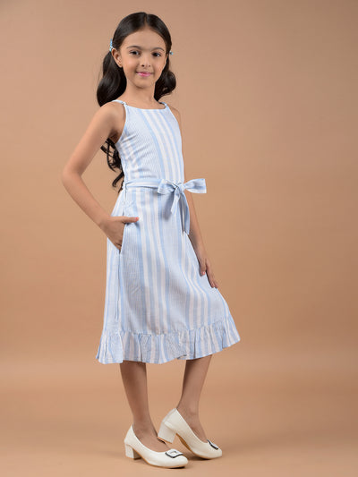 Blue Fit and Flare Dress With Belt-Girls Dresses-Crimsoune Club