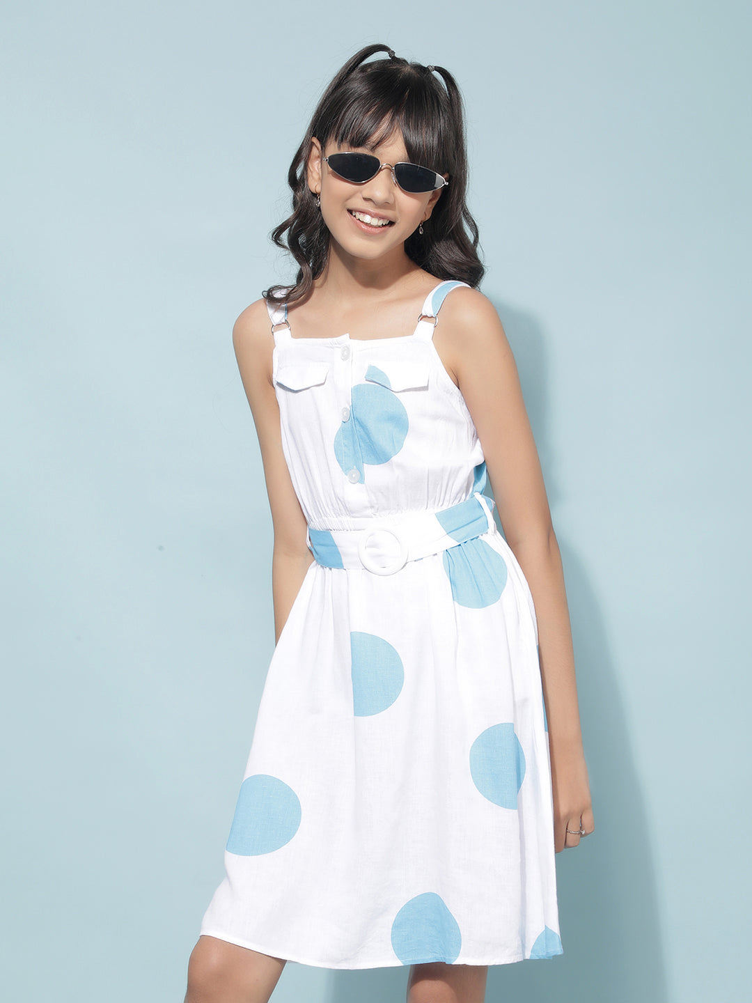 Blue Polka Dots Linen A-Line Dress-Girls Dresses-Crimsoune Club