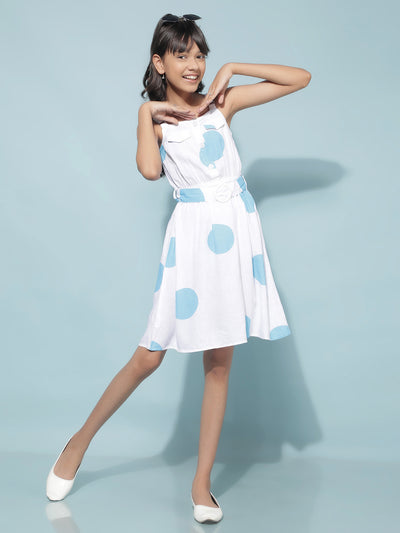 Blue Polka Dots Linen A-Line Dress-Girls Dresses-Crimsoune Club