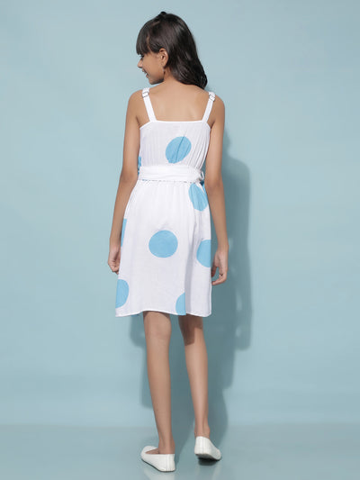 Blue Polka Dots Linen A-Line Dress-Girls Dresses-Crimsoune Club