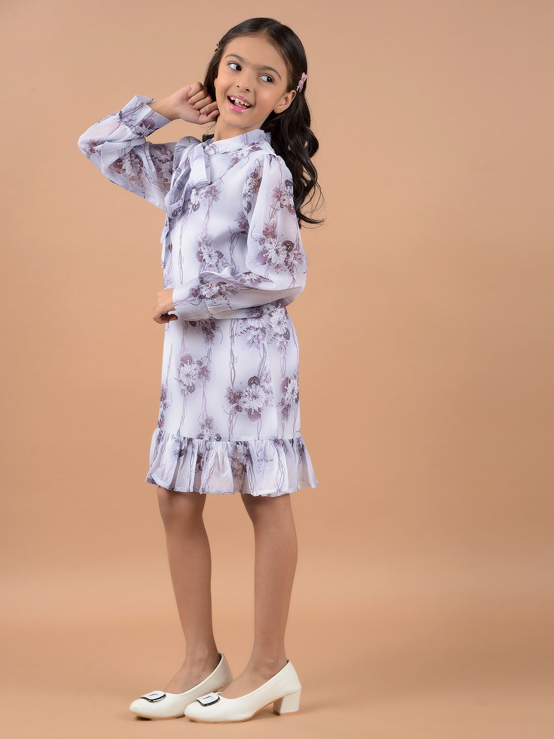 Purple Floral Print Tie-Up Neck A-Line Dress-Girls Dresses-Crimsoune Club