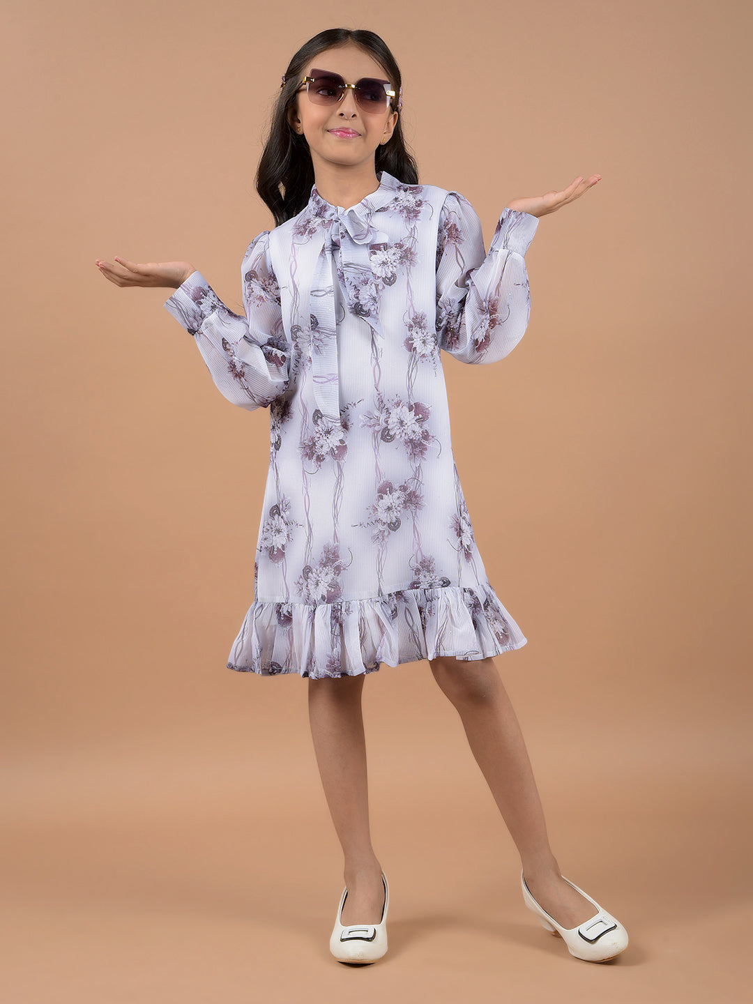 Purple Floral Print Tie-Up Neck A-Line Dress-Girls Dresses-Crimsoune Club