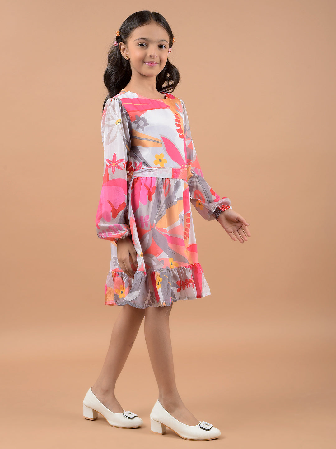 Pink Floral Print A-Line Dress-Girls Dresses-Crimsoune Club