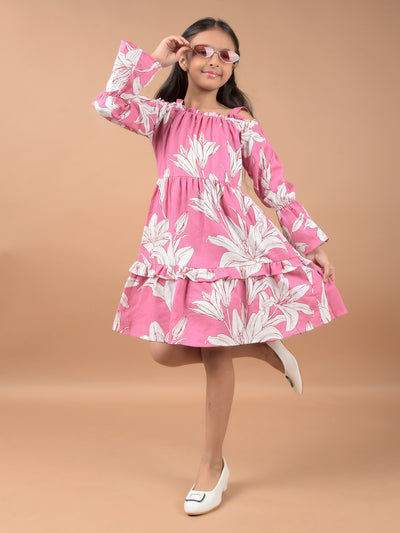 Pink Floral Print Shoulder Straps 100% Cotton A-Line Dress-Girls Dresses-Crimsoune Club