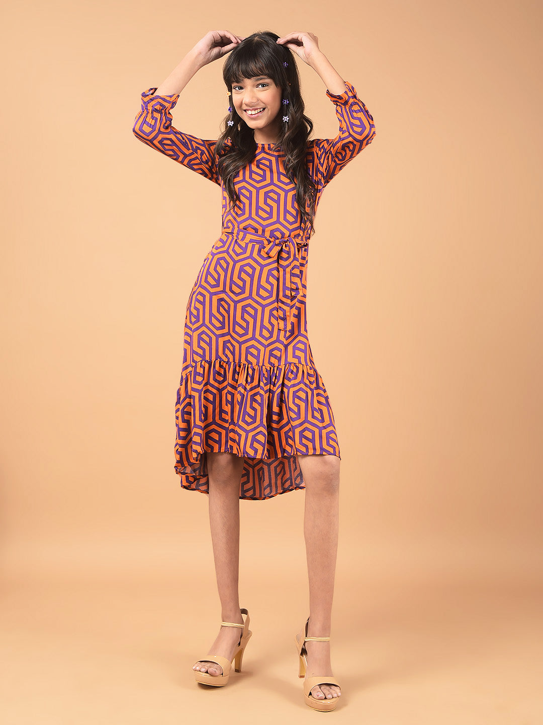 Orange Printed Knee Length A-Line Dress