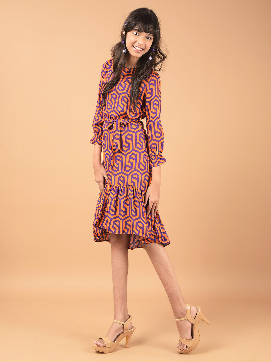 Orange Printed Knee Length A-Line Dress