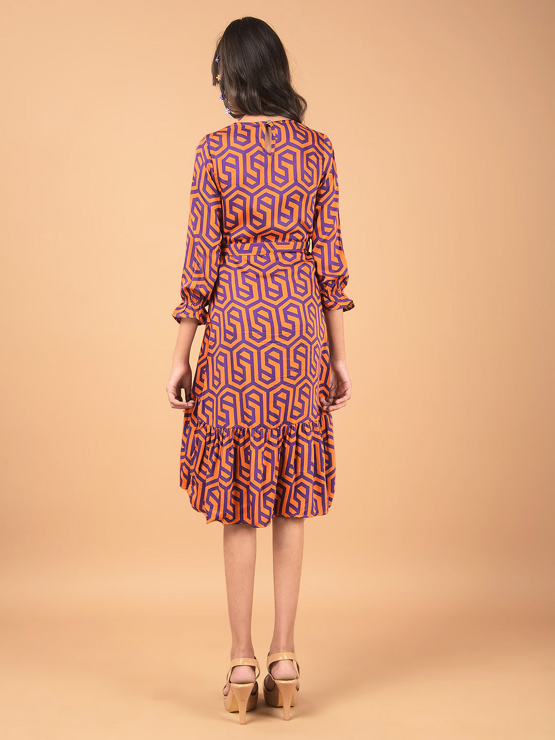 Orange Printed Knee Length A-Line Dress