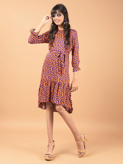 Orange Printed Knee Length A-Line Dress