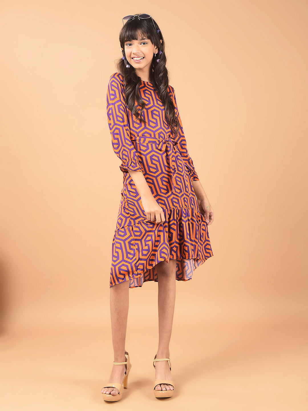 Orange Printed Knee Length A-Line Dress