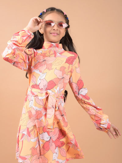 Peach Floral Print High Neck A-Line Dress-Girls Dresses-Crimsoune Club