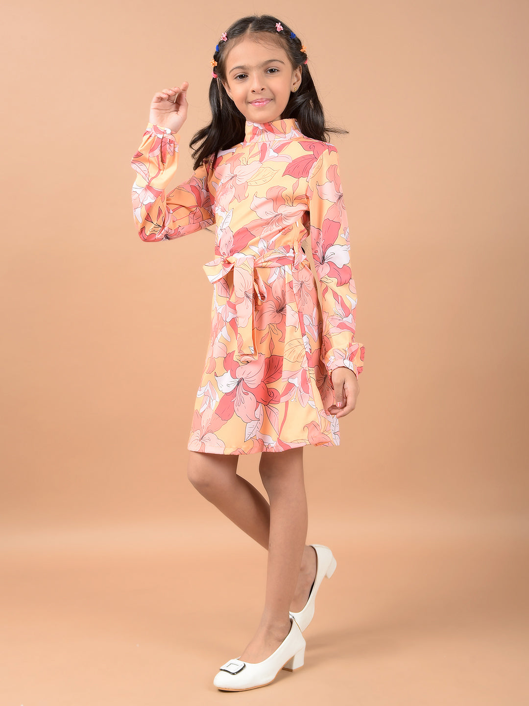 Peach Floral Print High Neck A-Line Dress-Girls Dresses-Crimsoune Club