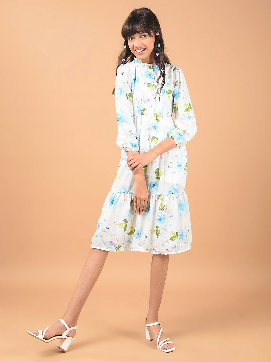 Multi-Color Floral Print Mandarin Collar A-Line Dress