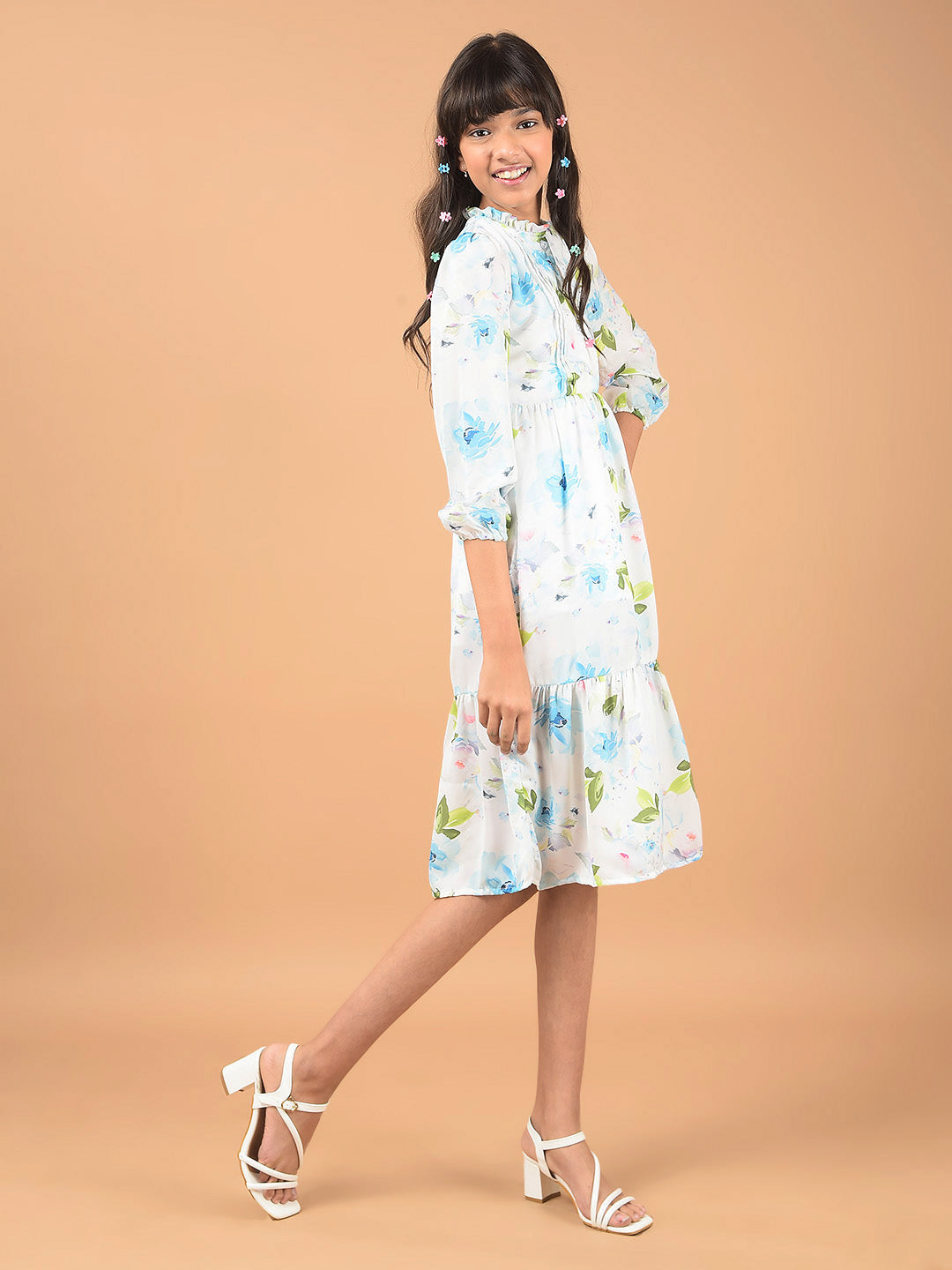 Multi-Color Floral Print Mandarin Collar A-Line Dress