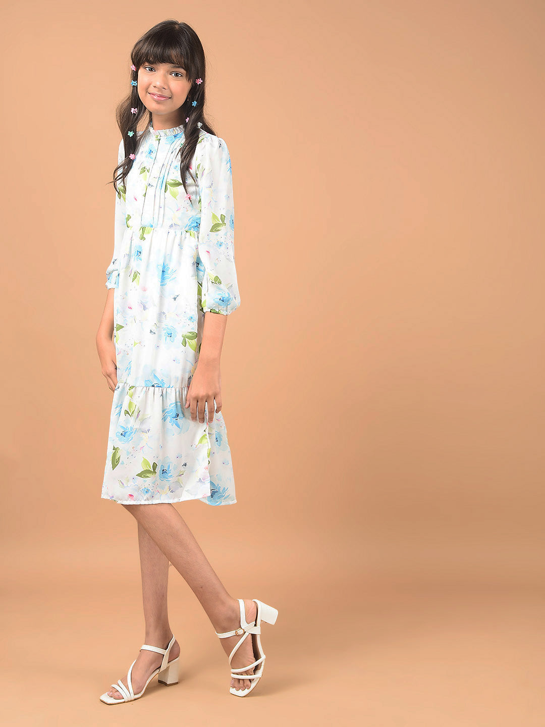 Multi-Color Floral Print Mandarin Collar A-Line Dress