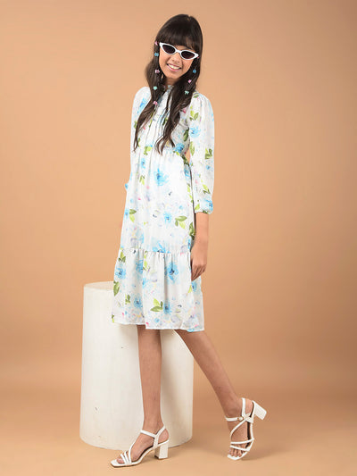 Multi-Color Floral Print Mandarin Collar A-Line Dress