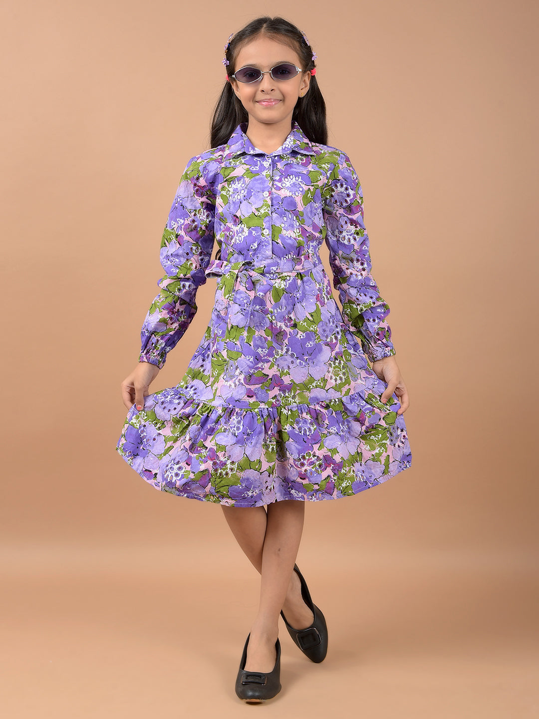 Purple Floral Print 100% Cotton Shirt Dress-Girls Dresses-Crimsoune Club