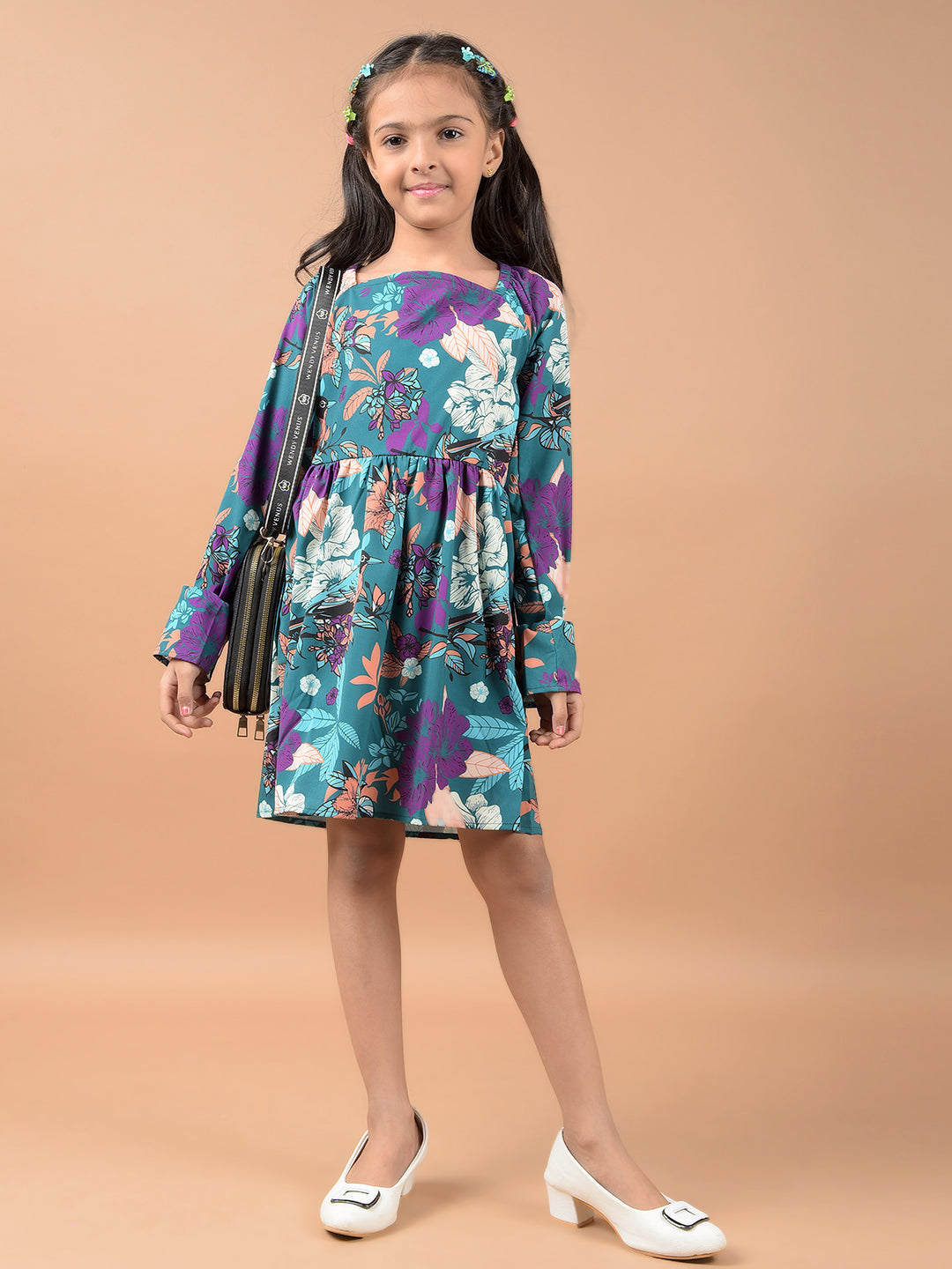 Multi-Color Floral Print Square Neck A-Line Dress-Girls Dresses-Crimsoune Club