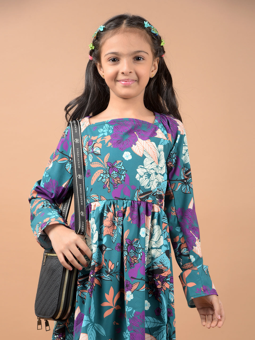 Multi-Color Floral Print Square Neck A-Line Dress-Girls Dresses-Crimsoune Club