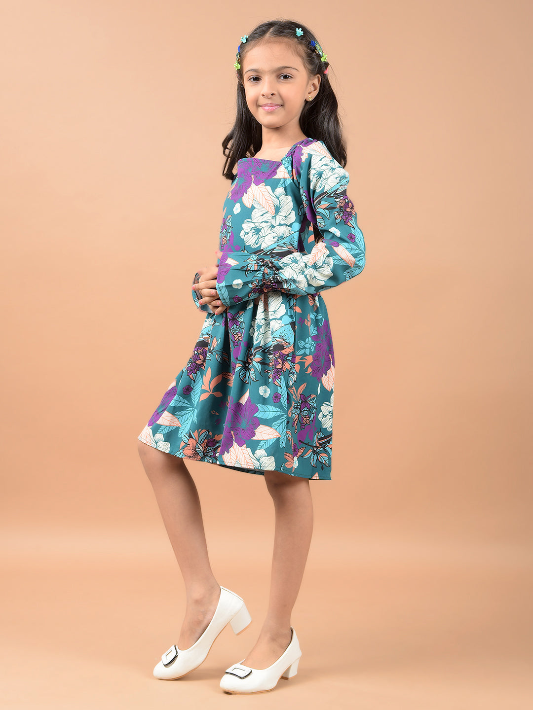 Multi-Color Floral Print Square Neck A-Line Dress-Girls Dresses-Crimsoune Club