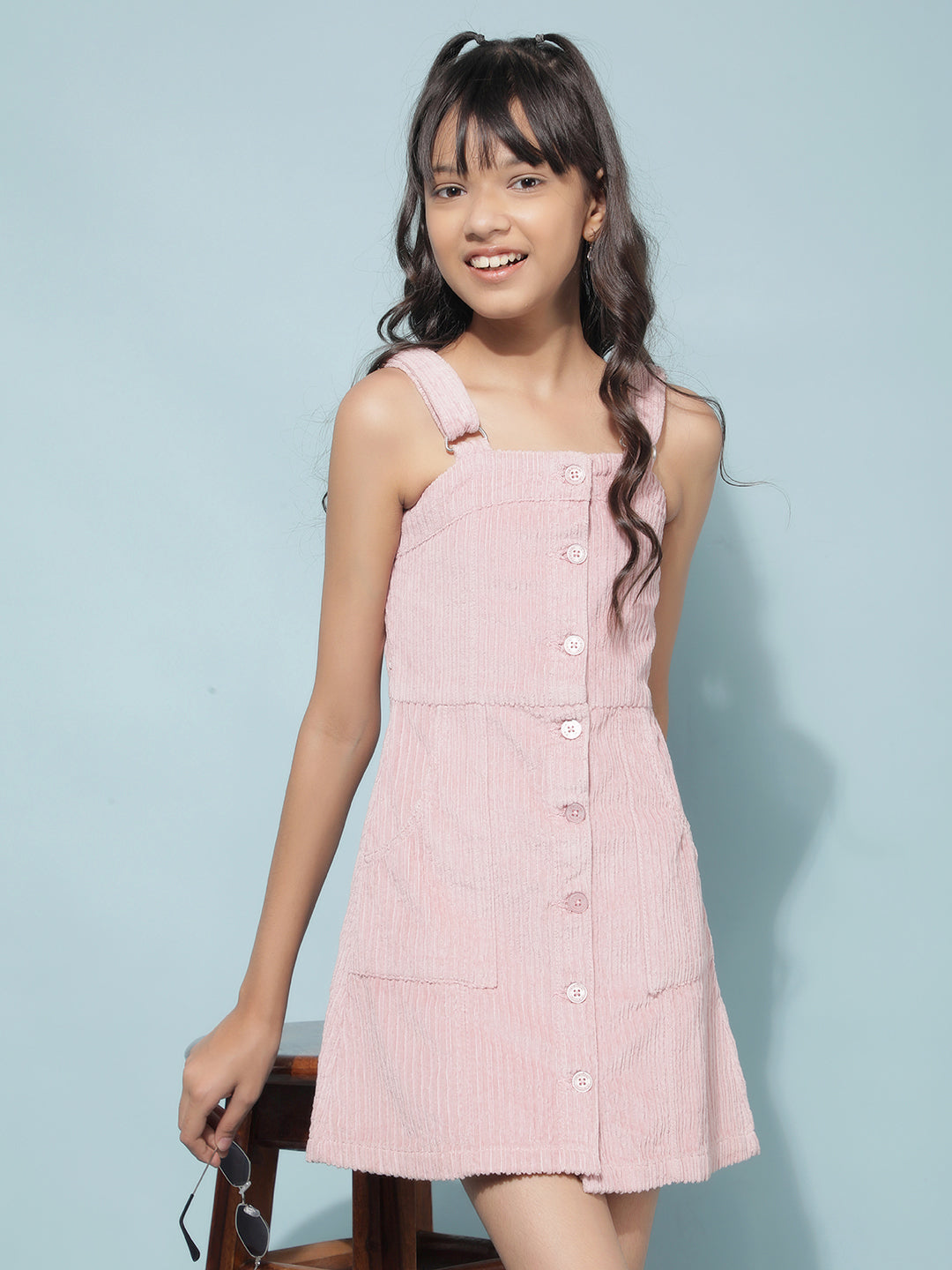 Pink Jacquard 100% Cotton Corduroy Pinafore Dress-Girls Dresses-Crimsoune Club