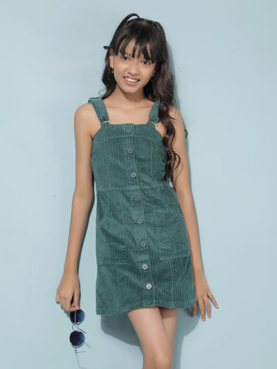 Green Jacquard 100% Cotton Corduroy Pinafore Dress-Girls Dresses-Crimsoune Club