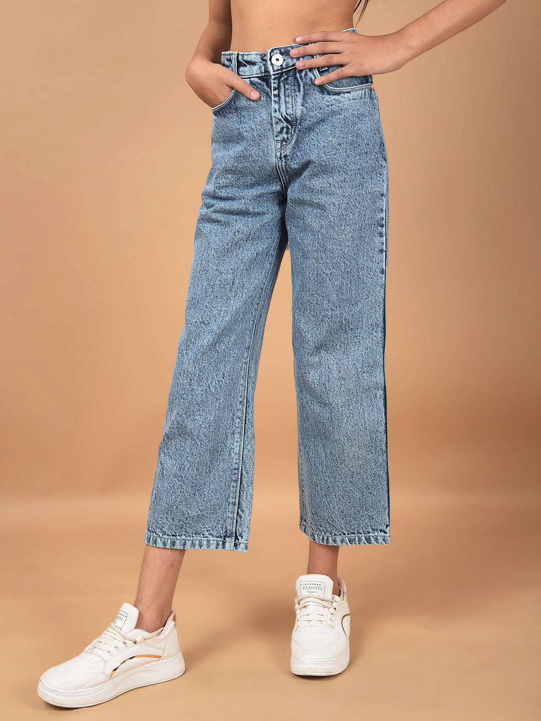 Blue Wide Leg 100% Cotton Crop Length Jeans