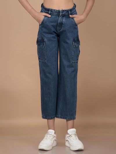 Blue Relaxed Fit Crop-Length Cargo Jeans