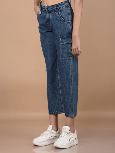 Blue Relaxed Fit Crop-Length Cargo Jeans