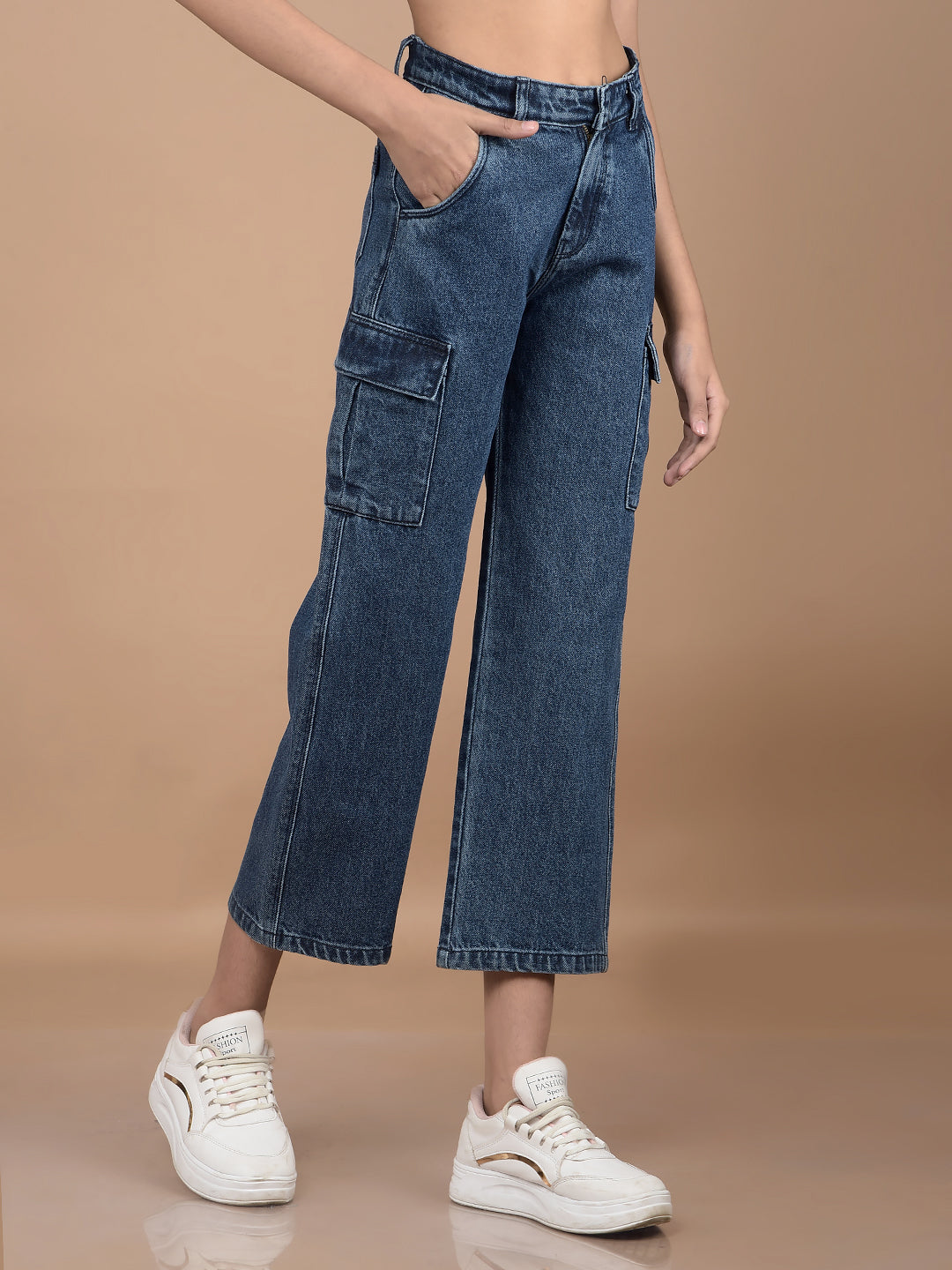 Blue Relaxed Fit Crop-Length Cargo Jeans