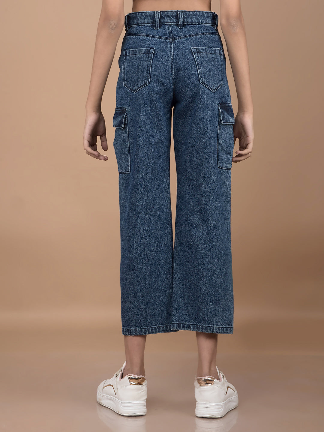 Blue Relaxed Fit Crop-Length Cargo Jeans