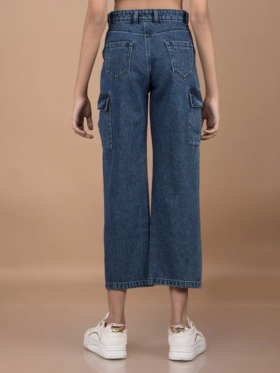 Blue Relaxed Fit Crop-Length Cargo Jeans