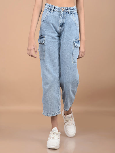 Blue Relaxed Fit Crop-Length Cargo Jeans