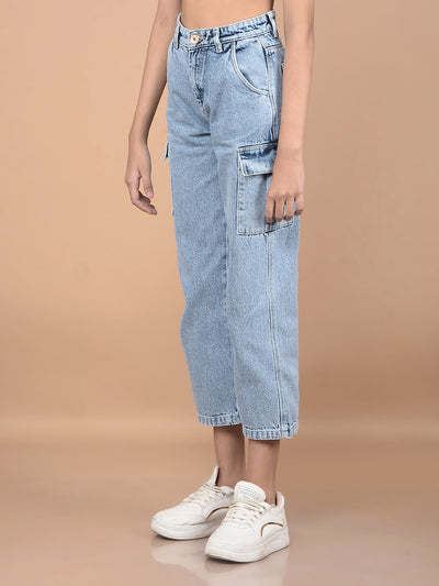 Blue Relaxed Fit Crop-Length Cargo Jeans