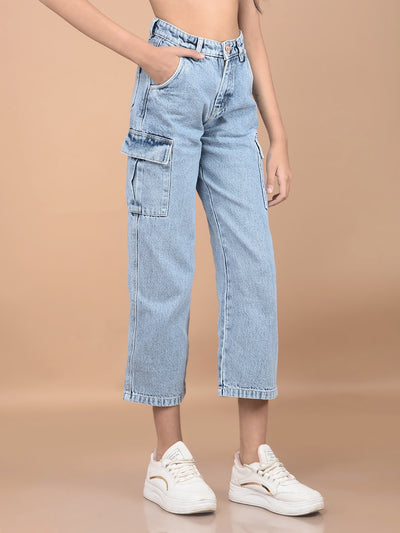 Blue Relaxed Fit Crop-Length Cargo Jeans