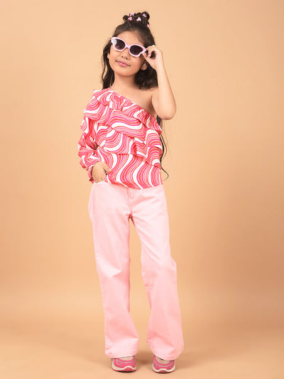 Pink Abstract Print One Shoulder Top