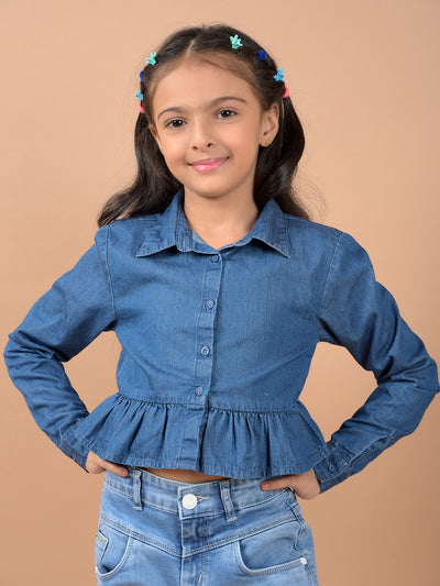 Blue 100% Cotton Crop Denim Shirt-Girls Shirts-Crimsoune Club