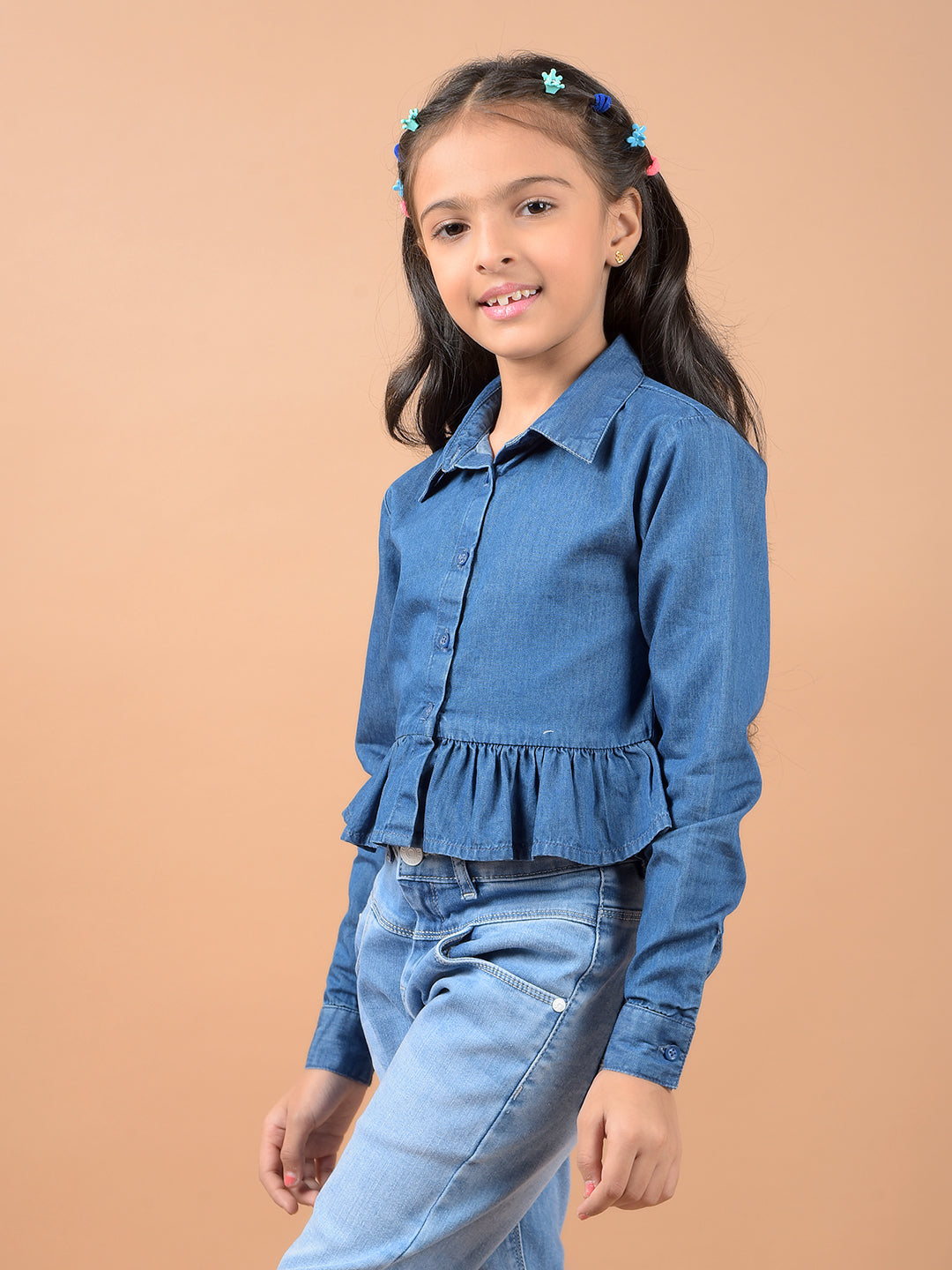 Blue 100% Cotton Crop Denim Shirt-Girls Shirts-Crimsoune Club