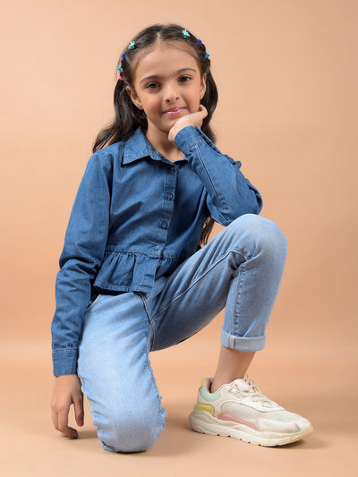 Blue 100% Cotton Crop Denim Shirt-Girls Shirts-Crimsoune Club