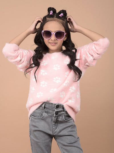 Pink Printed Acrylic Sweater-Girls Sweaters-Crimsoune Club