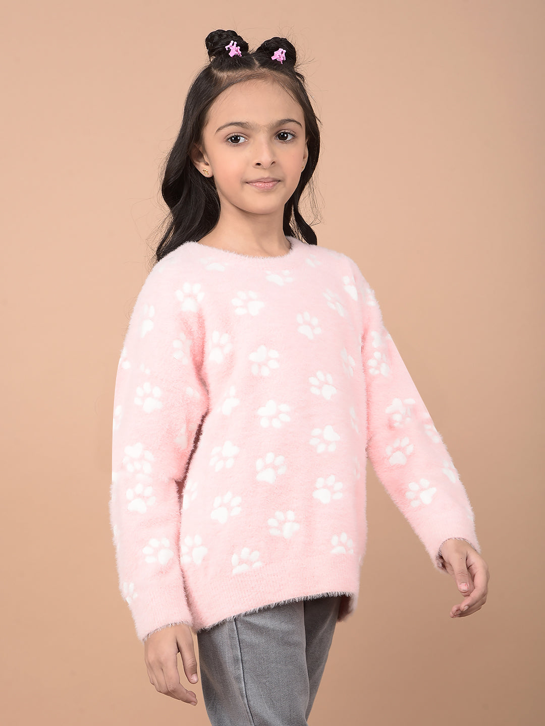 Pink Printed Acrylic Sweater-Girls Sweaters-Crimsoune Club