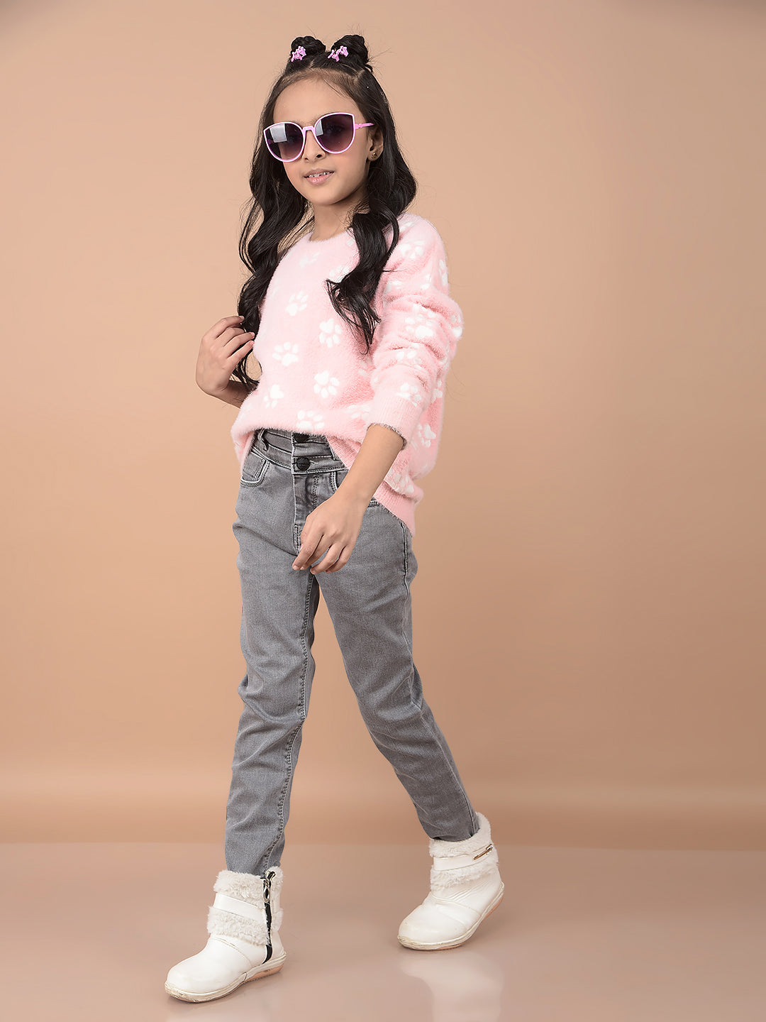 Pink Printed Acrylic Sweater-Girls Sweaters-Crimsoune Club