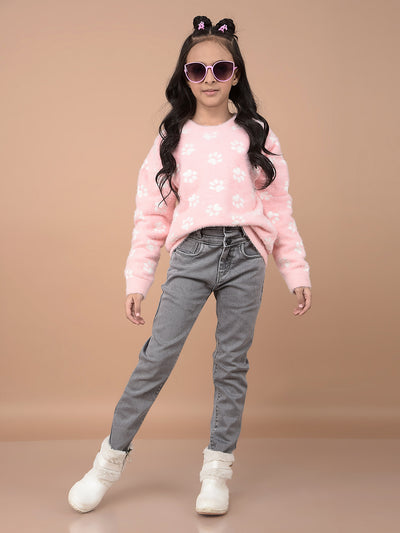 Pink Printed Acrylic Sweater-Girls Sweaters-Crimsoune Club