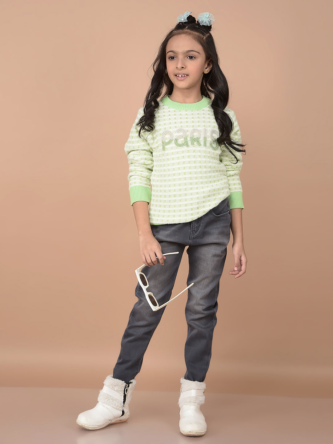 Green Embellished Sweater-Girls Sweaters-Crimsoune Club