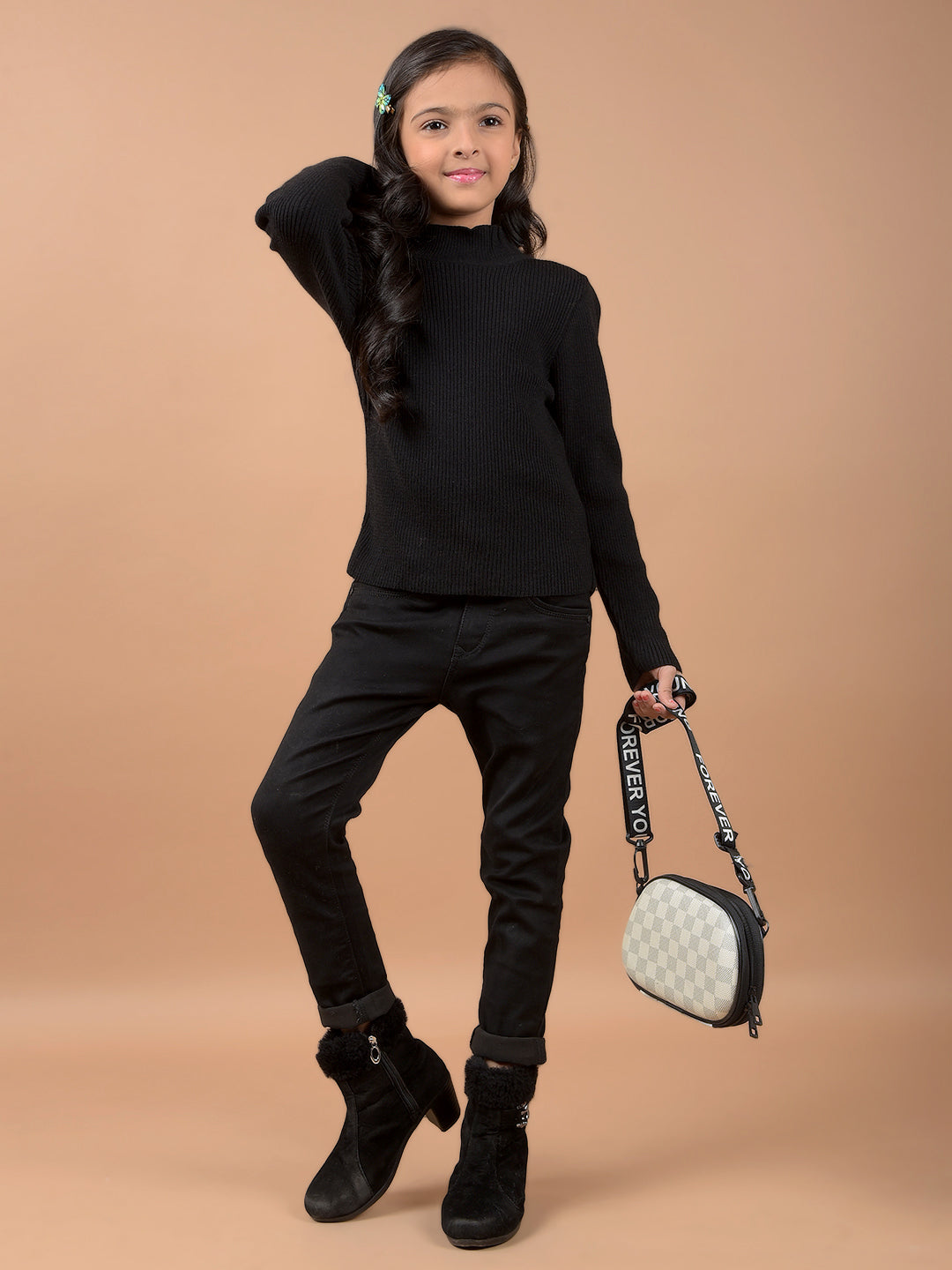 Black Jacquard High Neck Sweater-Girls Sweaters-Crimsoune Club