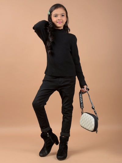 Black Jacquard High Neck Sweater-Girls Sweaters-Crimsoune Club